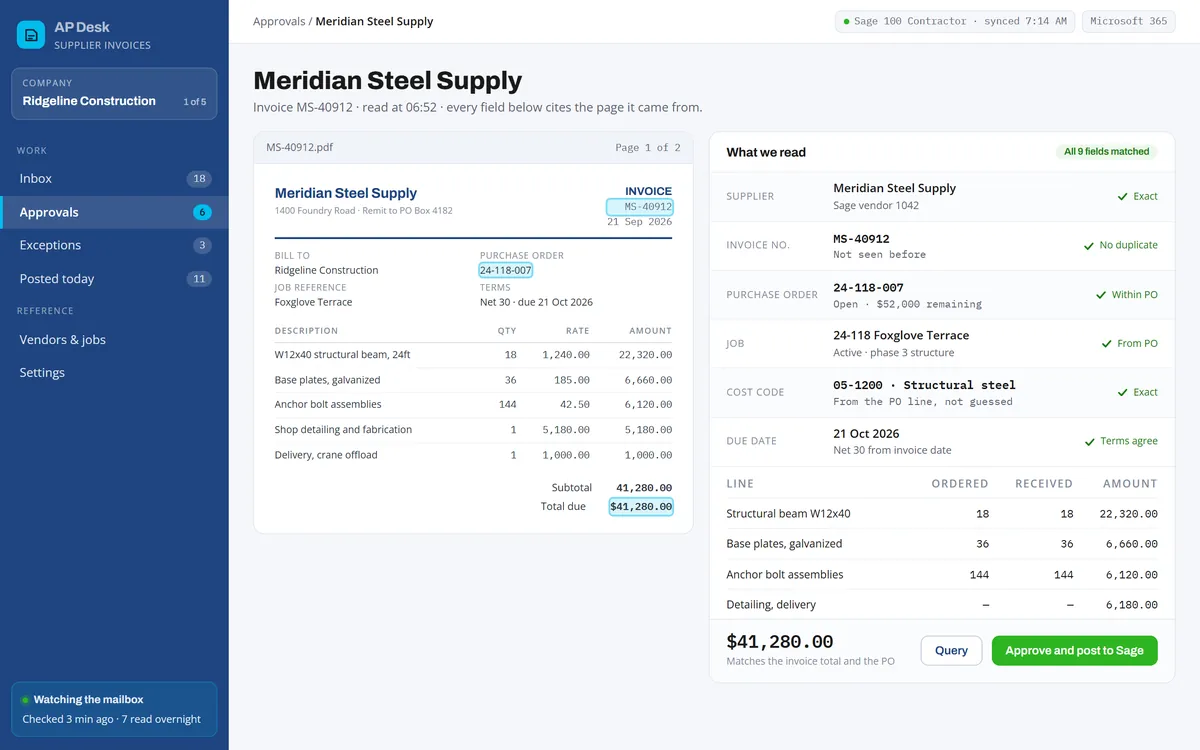An invoice shown beside its PDF, with all nine read fields matched against the purchase order and a single button to approve and post it.