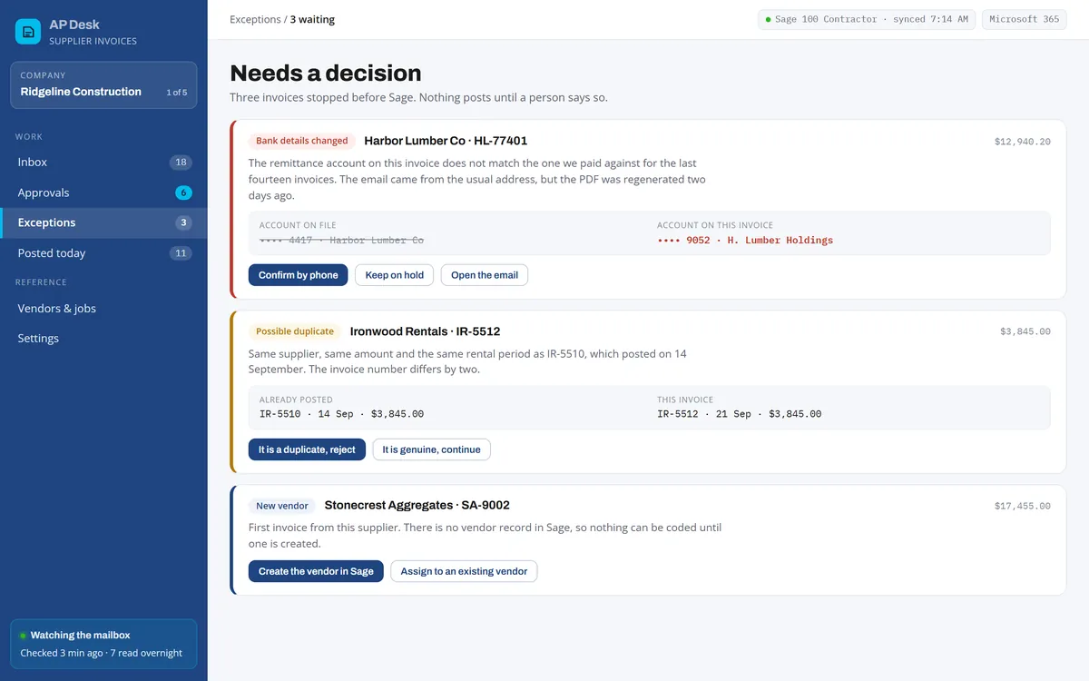 Three invoices held back before posting: changed bank details, a possible duplicate, and a supplier with no vendor record yet.